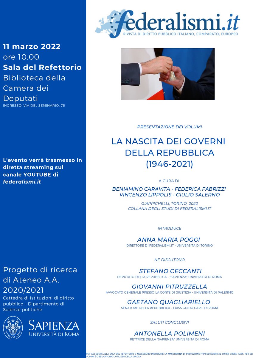 federalismi's tweet photo. Domani #11marzo, presso @Montecitorio, si terrà la presentazione dei volumi "La nascita dei Governi della Repubblica (1946-2021)", a cura di B. Caravita, F. Fabrizzi, V. Lippolis e G.M. Salerno, che hanno raccolto contributi di 44 autori a commento dei 67 governi repubblicani. https://t.co/xt0XGzBtUa