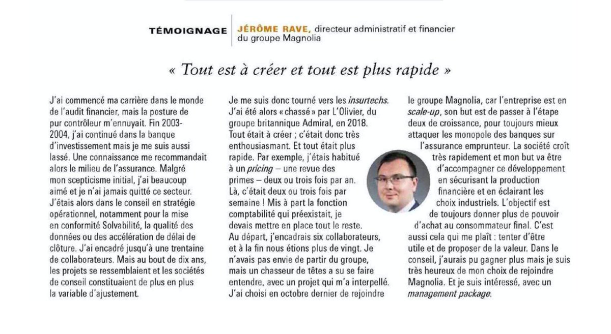 Pourquoi les professionnels de la finance se dirigent vers les Insurtech ? Merci <a href="/agefiactifs/">L'Agefi Patrimoine</a> d'avoir donné la parole à notre DAF qui a pu expliquer ses choix de carrière et l'intérêt de travailler dans le groupe <a href="/magnolia_groupe/">Magnolia.fr</a> #carriere #rh @MorganeRemy <a href="/OlivierLeGallo/">Olivier Le Gallo</a>