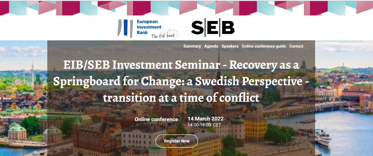 EIB's tweet photo. #MarkYourCalendar🗓️Join us Monday 14/03 at 14.00 CET to understand how #COVID19 impacted investments in #Sweden & more during our next #EIBEcon Investment Seminar👉Head here for the full agenda and registrations https://t.co/MseUzKF5cQ https://t.co/U1MnEr7B3T