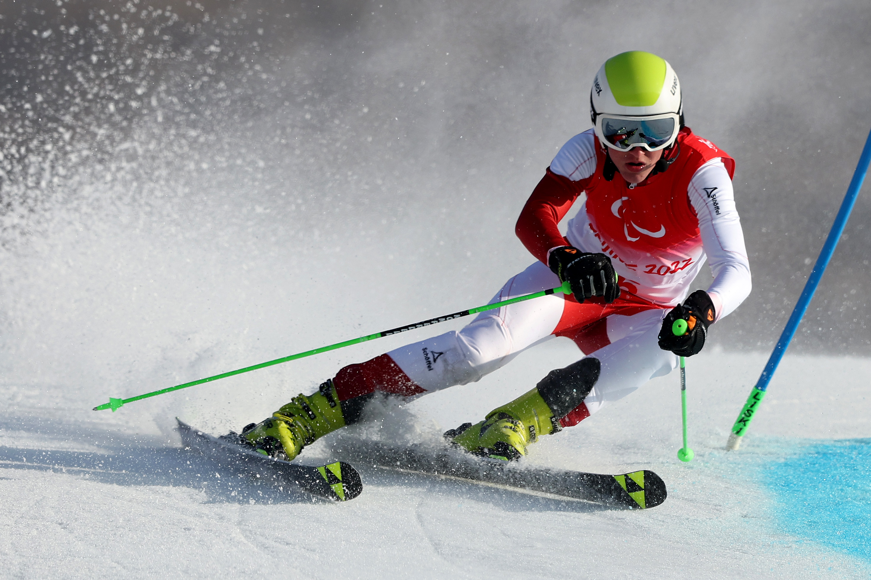 RCH 10: Johannes Aigner of Team Austria competes during the Men's Giant Slalom Vision Impaired Run 1 on day six of the Beijing 2022 Winter Paralympics.