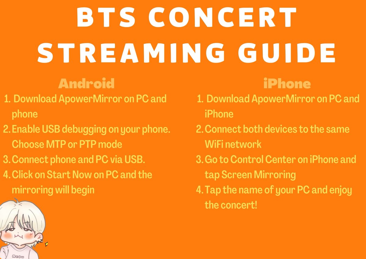 SunnyLLLLLL's tweet photo. BTS 'Permission To Dance on Stage in Seoul' Concert Online Streaming time🛎️ 

⏰ 7.00 PM, KST | 12:00am HT / 2:00am PT / 3:00am MT / 4:00am CT / 5:00am ET

‼️3 ways to do screen mirroring‼️
1. HDMI cable
2. ApowerMirror(https://t.co/7EhV2IOvef)

@BTS_twt #BTS  #BTSCONCERT #ARMY https://t.co/yHM365x1ao