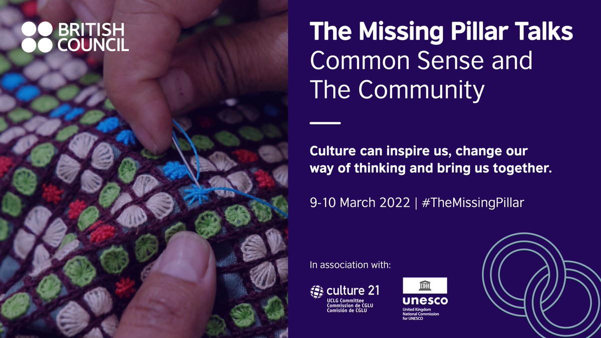 BritishArts's tweet photo. Join us for Day 2 of #TheMissingPillar Talks at 13.00 GMT TODAY as we explore how culture can galvanise communities and contribute to #UNAgenda2030 &amp; the #SDGs. Register for free 👉 https://t.co/s3jBkOisEG https://t.co/FVJgjzu1rd