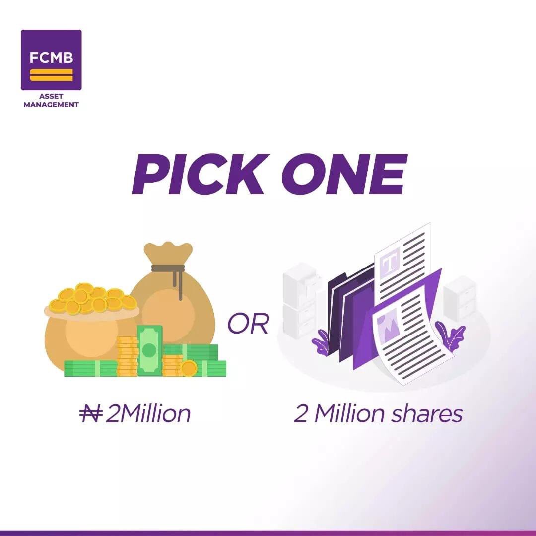fcmbassetmgt's tweet photo. Would you prefer Two (2) million Naira or Two (2) million shares? 

We’ll be reading comments.
.
.
.
.
.
#fcmbassetmgt #thursdaytrivia  #naijaentrepreneurs #wealthbuilding #mutualfunds #myfcmb https://t.co/gwsZubT35u