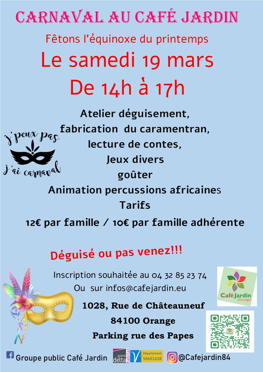 Après Halloween, le solstice d’hiver place au carnaval et la fête de l’équinoxe du printemps c’est le 19 mars au Café Jardin. Venez nombreux et nombreuses avec vos enfants.