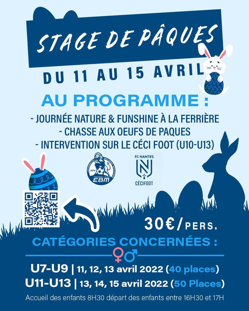FCEBM_'s tweet photo. [Stage de Pâques]

🔵⚫OUVERTURE DES INSCRIPTIONS ! 

🐰Du 11 au 15 Avril, le club organise son Stage de Pâques !

⚠Réservez vite votre stage en complétant le formulaire ci-dessous ou en scannant le QR Code⚠ 
⬇️ 
https://t.co/SxGRqSQ3eK https://t.co/AflCuhiBXp