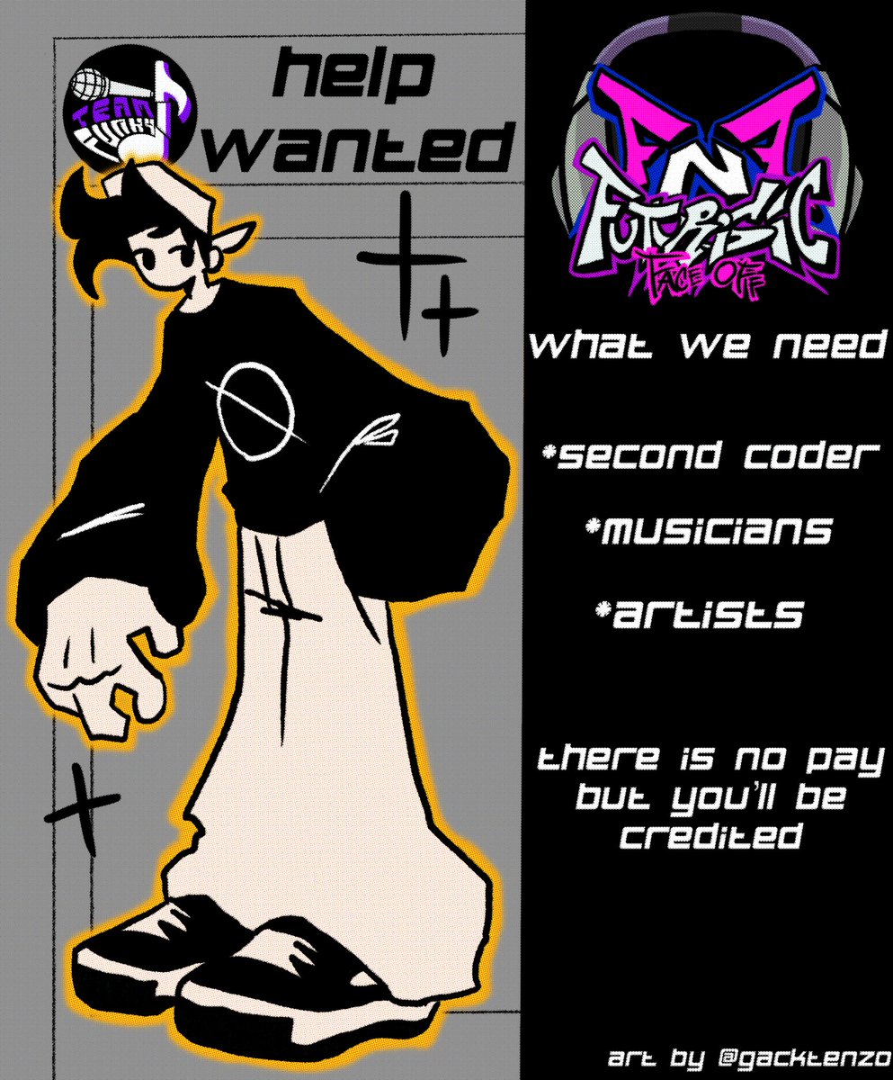 Currently hiring for FNF: Futuristic Face-Off rn. 
Requirements are on the help wanted poster.
DM LtSazo#3785 if interested.
#fnfmod #fnf #fridaynightfunkin