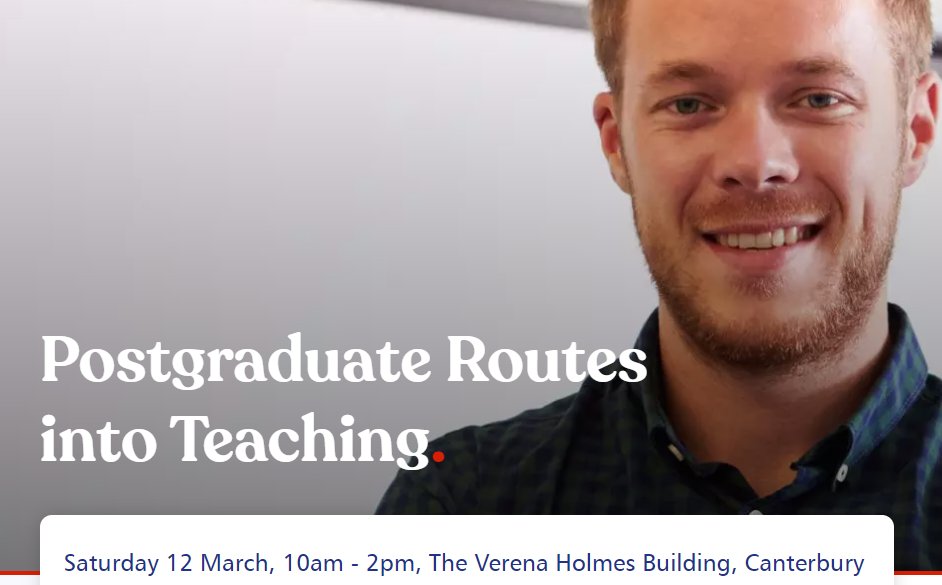 CCCUArtsHumsEd's tweet photo. There's still time...the Postgraduate Routes into Teaching Open Day  is on this Saturday.  #traintoteach
https://t.co/TCfXTRv3nL @cccu_humanities @CCCUPartnership @CCCUPrimaryEd https://t.co/MlgfZ5COwG