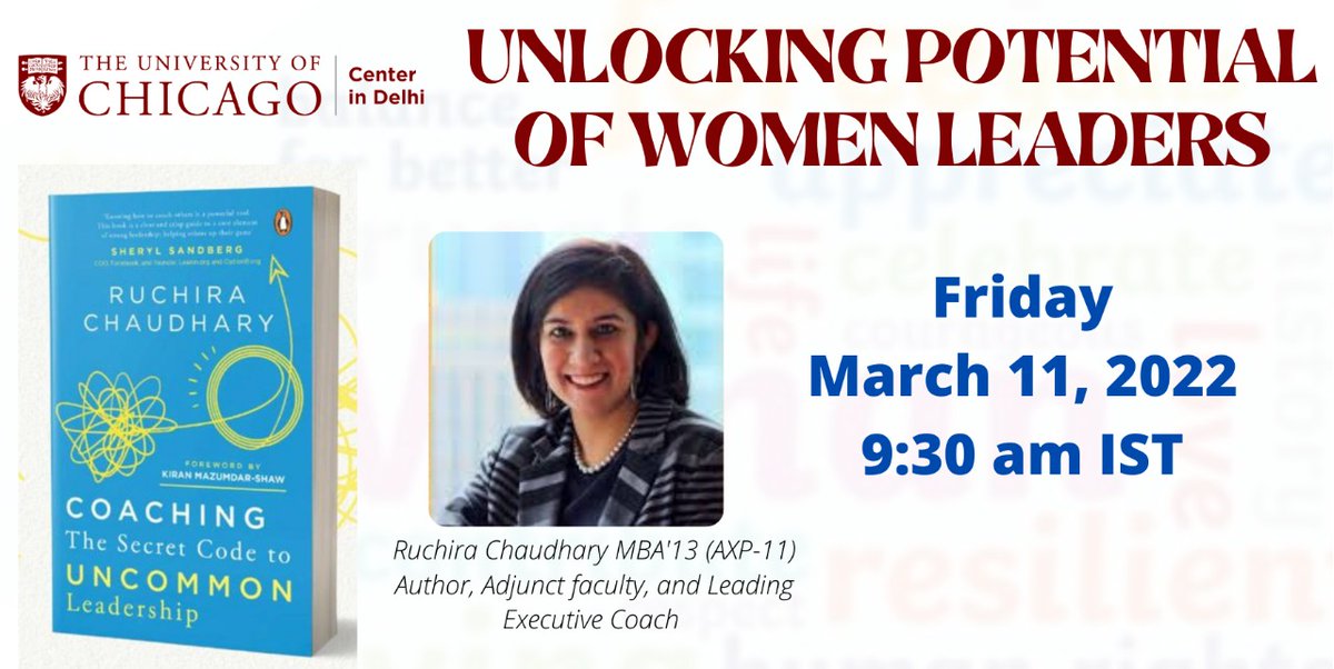 UChiDelhi's tweet photo. A session, hosted by @UChiDelhi, especially for women employees, facilitated by @ChicagoBooth alum @AskRuchira. Know more about Ruchira and her work here: https://t.co/bmnaTxvUEQ
Time: 9:30 am - 1:00 pm IST | Friday, March 11, 2022
Participation is by invitation only. https://t.co/pfRrjuiGjb