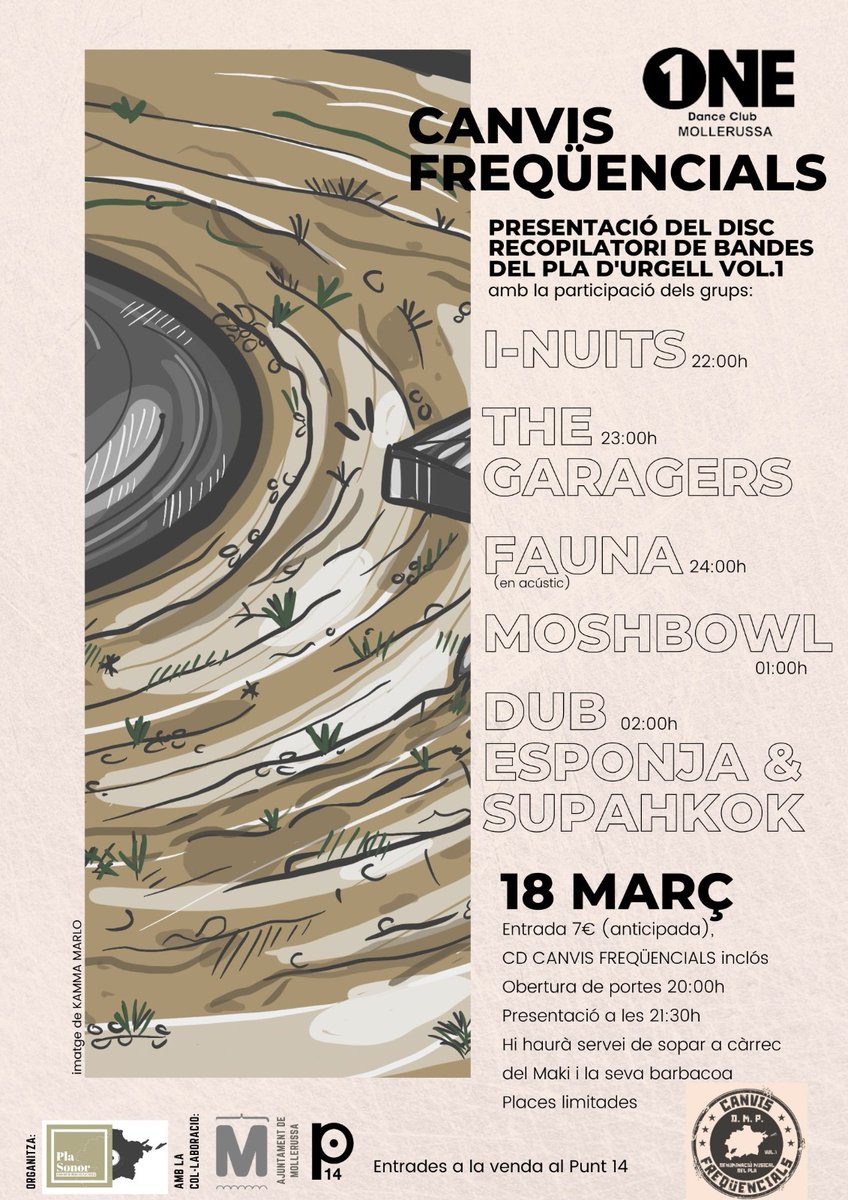 🚀 PRESENTACIÓ DE “CANVIS FREQÜENCIALS” 🚀

El proper 18 de març presentarem en directe el recopilatori musical del Pla d’Urgell “Canvis Freqüencials” a la sala ONE de Mollerussa!

Posarem sobre l’escenari algunes de les bandes que apareixen al disc en una nit plena de música!