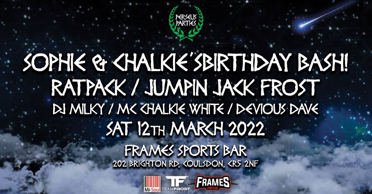 Just 2 more sleeps ✨💃🕺✨ We’ve added DJ Devious Dave to the line 🆙 Arrive early!! See you on the dance floor 💥<a href="/Framescoulsdon/">Frames Sports Bar Coulsdon</a> <a href="/djjjfrost/">Jumpin Jack Frost</a> <a href="/RatpackUK/">RatPack</a> <a href="/DjMilky_/">Jason Milky</a> <a href="/mc_chalkiewhite/">MC CHALKIE WHITE</a> limited final release tickets available ➡️deftickets.co.uk/events/2681006…