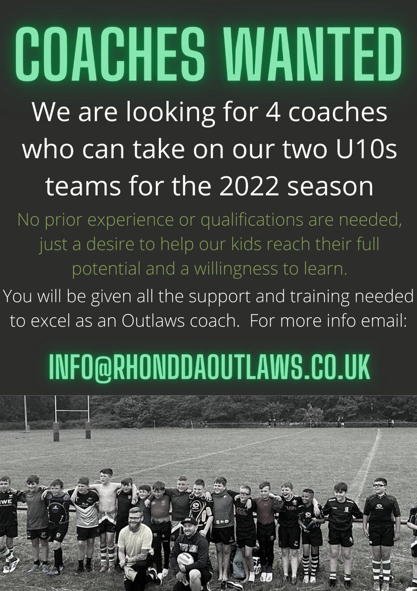 Want to be a part of a special club and help build the future of the club? We are recruiting coaches. For more info email info@rhonddaoutlaws.co.uk