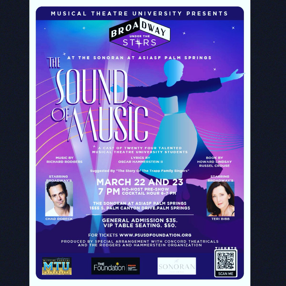DG_MTU's tweet photo. Come help us celebrate MTU’s 1st post covid live musical “The Sound of music.” Starring Broadway Stars Chad Doreck &amp; Teri Bibb. March 22 &amp; 23 at The SONORAN at ASIASF Palm Springs CA. https://t.co/R0BwbbFG6T
