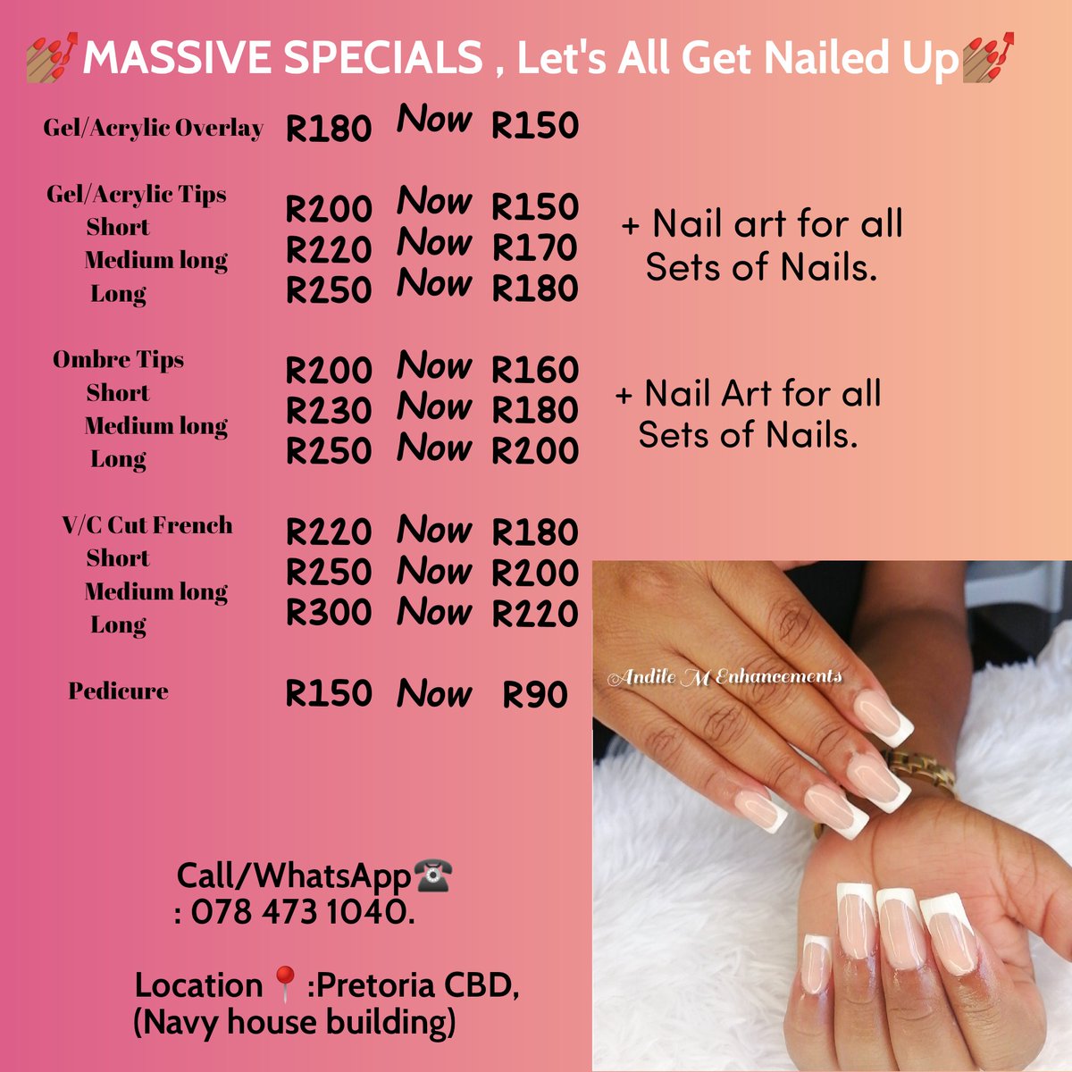 AndileMadisa's tweet photo. Hey Ladies in Pretoria♥️ This is for you!
@AndileMEnhancements is running a MASSIVE NAIL PROMO. 💅🏽🎉🥰
This special runs throughout the month. 

Call/WhatsApp☎️: 078 473 1040.
Location📍: Pretoria CBD (Navy House Building).
IG: Andile M Enhancements.

#GirlTalkZA
#GirlBuyZA https://t.co/b3M5aBtkfW