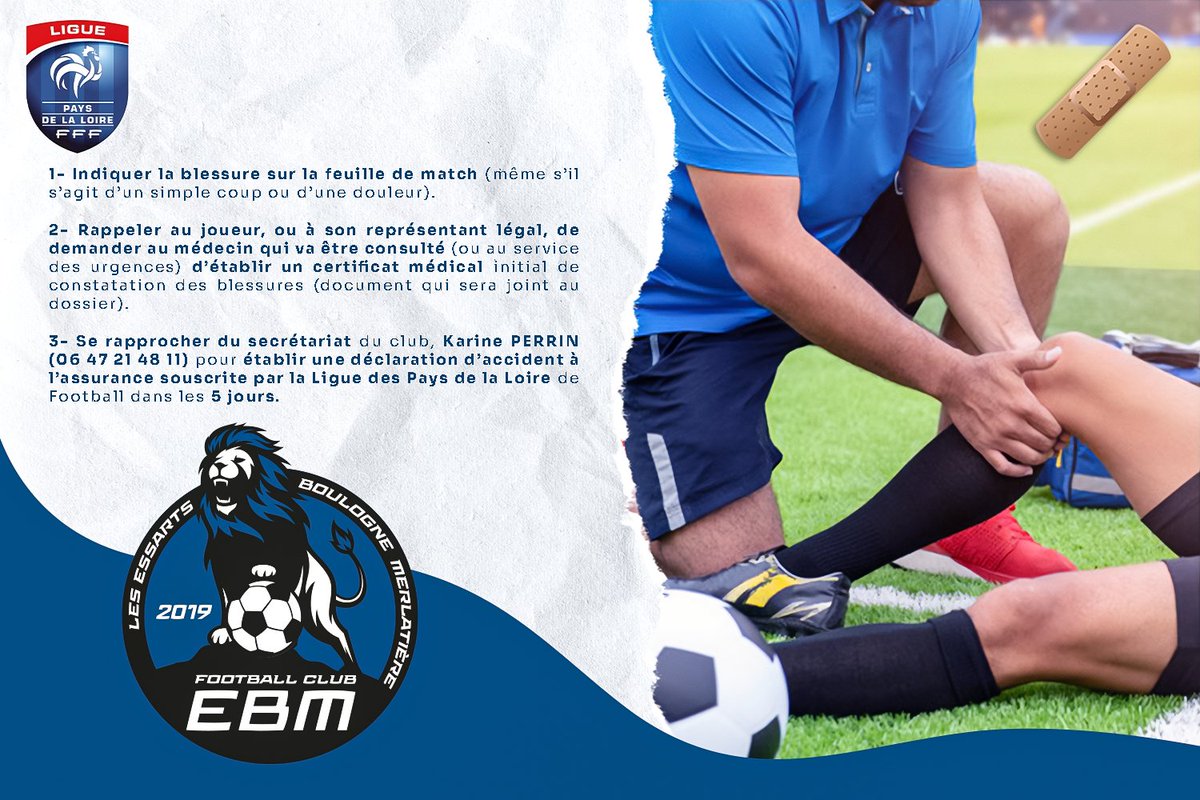 FCEBM_'s tweet photo. 🔵⚫ Joueurs, éducateurs, dirigeants,

Vous êtes licencié(e) au FCBEM, vous bénéficiez, sans cotisation supplémentaire, de l’assurance du club.

🩹En cas de blessure pendant une rencontre/entrainement, nous vous rappelons qu'il est impératif de suivre la procédure ci-dessous https://t.co/LAUpet7hvu