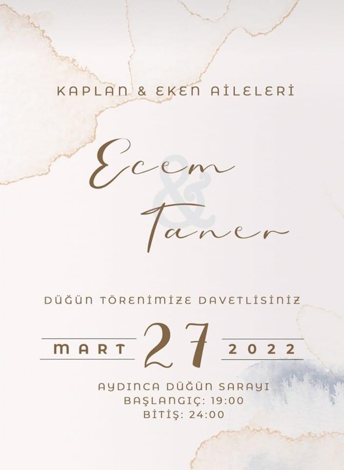 TOSYA-DER Yönetim Kurulu üyesi Avukat Taner EKEN'in 27 MART 2O22 günü Saat:19.00'da yapacakları  düğünün merasimine  davetlisiniz. 
Genç çiftleri şimdiden şahsım ve Kasderfed adına tebrik eder,  bir ömür mutluluklar dileriz.
#Kasderfed <a href="/ilkyazgozlum/">Hasan Sen</a>