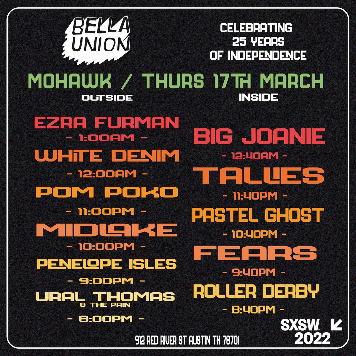 For those heading to @sxsw this year, we're hosting a big 25th anniversary celebration at @mohawkaustin 🎉 There will be 2 stages with incredible Bella Union artists @ezrafurman, @whitedenimmusic, @pompokotheband, @MidlakeBand, @PenelopeIsles, @UralThomas and @TALLIESband!!!