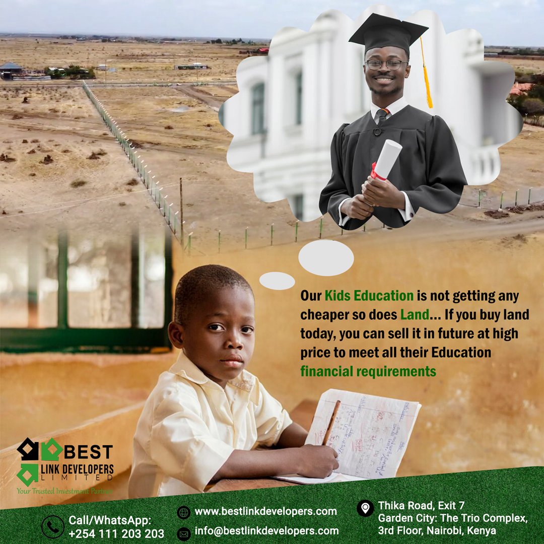DevelopersBest's tweet photo. #LandBanking is a sure way to invest for your kids future. Education is not getting any cheaper so does Land... Invest on Land today to sell in future for your kids education funding

 #EducationFunding #Plots #BLDPlots #primeplots #Ruiruplots #MainaAndKingangi https://t.co/PIUZUcQNCL