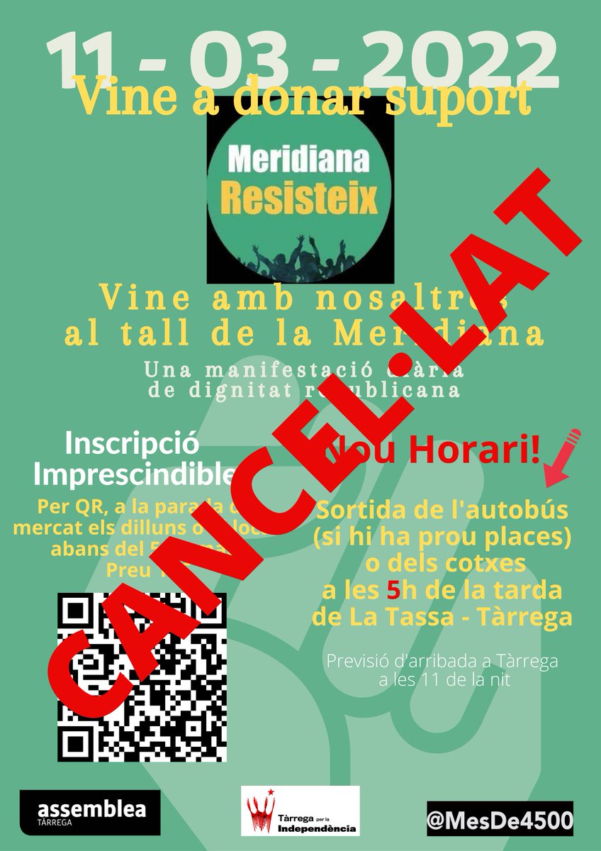 ANCtarrega's tweet photo. Lamentem profundament haver de comunicar que hem hagut de cancel·lar la visita de suport programada amb @MesDe4500 a #MeridianaResisteix  @MeridianaResis1 per causes totalment alienes a la nostra voluntat. https://t.co/kajchDxY3L