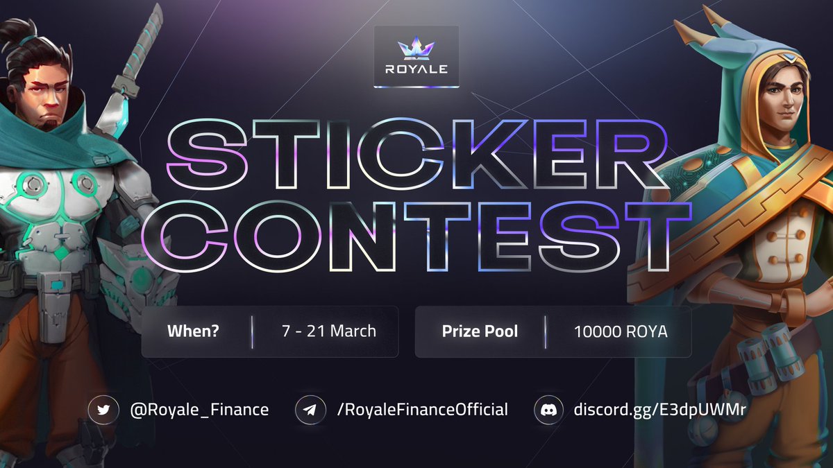 Your chance to win 10000 $ROYA💰💎 
Join the STICKER CONTEST👑

How to participate? 😎
➡️ Follow | Like | Retweet
➡️ Upload your sticker pack on Telegram with #stickercompetition, #royalecontest
➡️ Read the rules: link.medium.com/a7xllAVphob 

🗓Ends: 21 March 2022
#Giveaway #contest