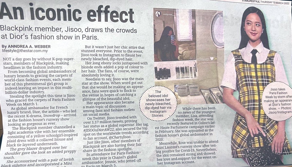 Jisoo is featured in The Star, Malaysia newspaper today — An iconic effect, Blackpink member #JISOO draws the crowds at Dior's Fashion Show in Paris.

'Needless to say, Jisoo was the main star at the show' #JISOOxDiorAW22

©️WorldwideJisoo
#블랙핑크 #지수 #블랙핑크지수 #DiorAW22