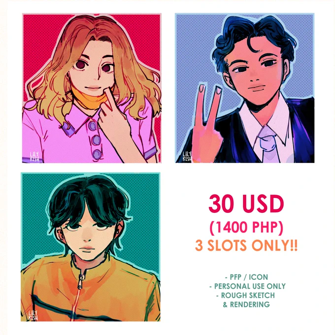 🔔 pfp / icon comms! 🌼

hi everyone! i have 3 SLOTS open for this style.
kindly dm to reserve a slot/questions. 🎀☎️

📌 check https://t.co/x8du6ulZbe for more info/guidelines

[ rts are much appreciated!! ]
#commissionsopen #artph 