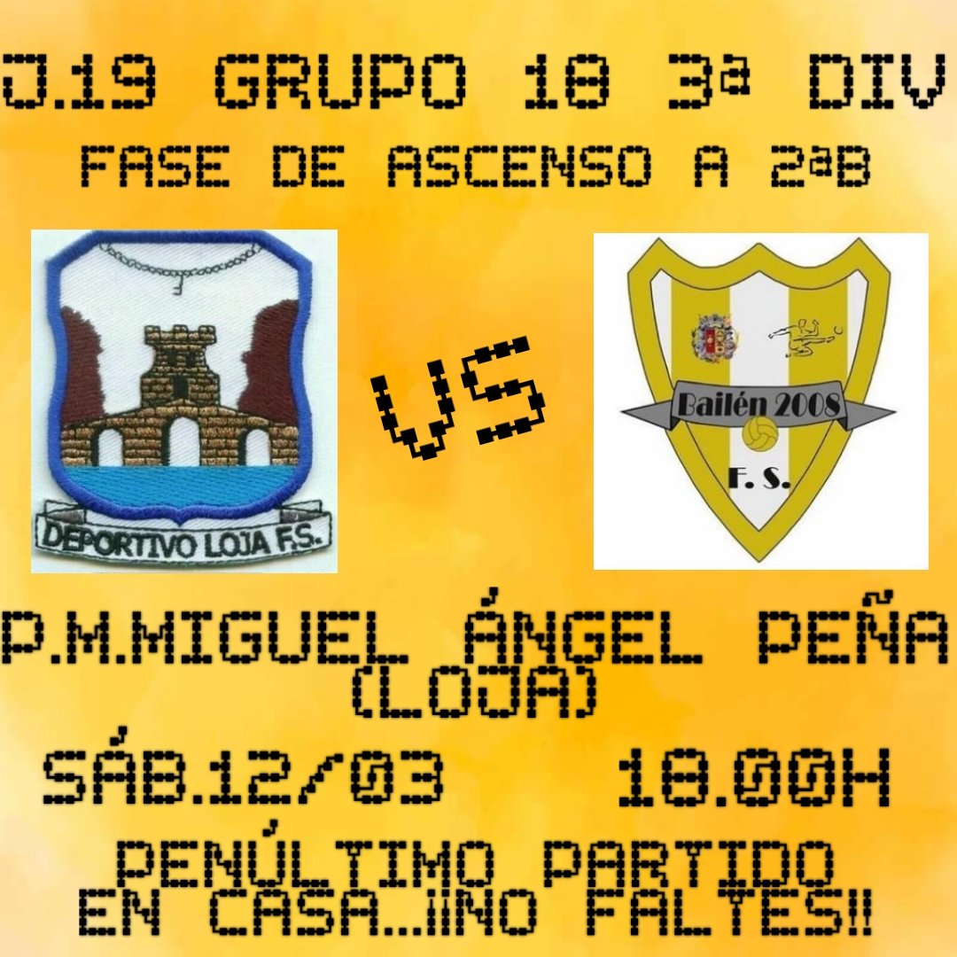 🏆 3a DIV. MASC. (J19)
📆 Sábado 12/03/22
⏰ 18:00
📍 LOJA (Granada)
🏟 P. M. Miguel Ángel Peña
🆚 <a href="/Bailen2008_FS/">Oro Bailén 2008 F.S.</a>
#Trabajo&amp;Ilusión
#VamosLoja 

¡¡Vamos guerreros!!