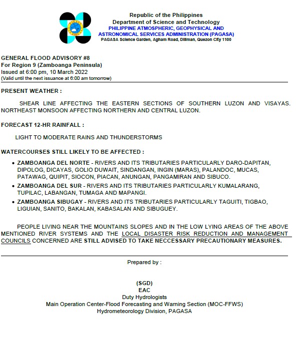 dost_pagasa's tweet photo. General Flood Advisories (GFAs)
Issued @ 6PM, 10 March 2022
Region 4B (MIMAROPA) -#GFA5
Region 8 (Eastern Visayas) - #GFA10
Region 9 (Zamboanga Peninsula) - #GFA8 https://t.co/JcB1x3fuH3