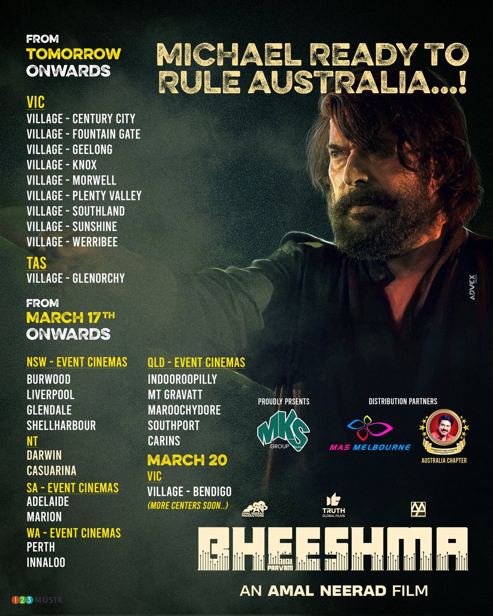 robert_jins's tweet photo. #BheeshmaParvam Australia Theatre List.
#MKSTalkies #MASMelbourne #MFWAIAustralia #MFWAI https://t.co/xXbE161LT2