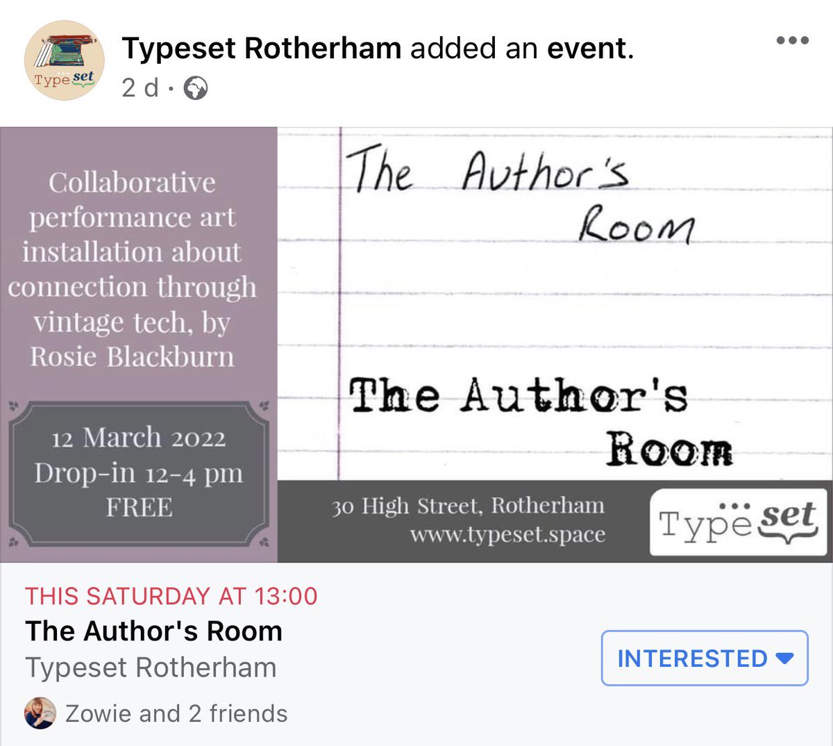 RotherhamAuthor's tweet photo. Yet ANOTHER creative event at TypeSet Rotherham, this time a performance art installation that YOU can participate in on 12th March! Click through to learn more about The Author's Room - it's free and you can drop in between noon and 4pm!
 #theauthorsroom #rotherhamauthors https://t.co/VMEpBhkbNv
