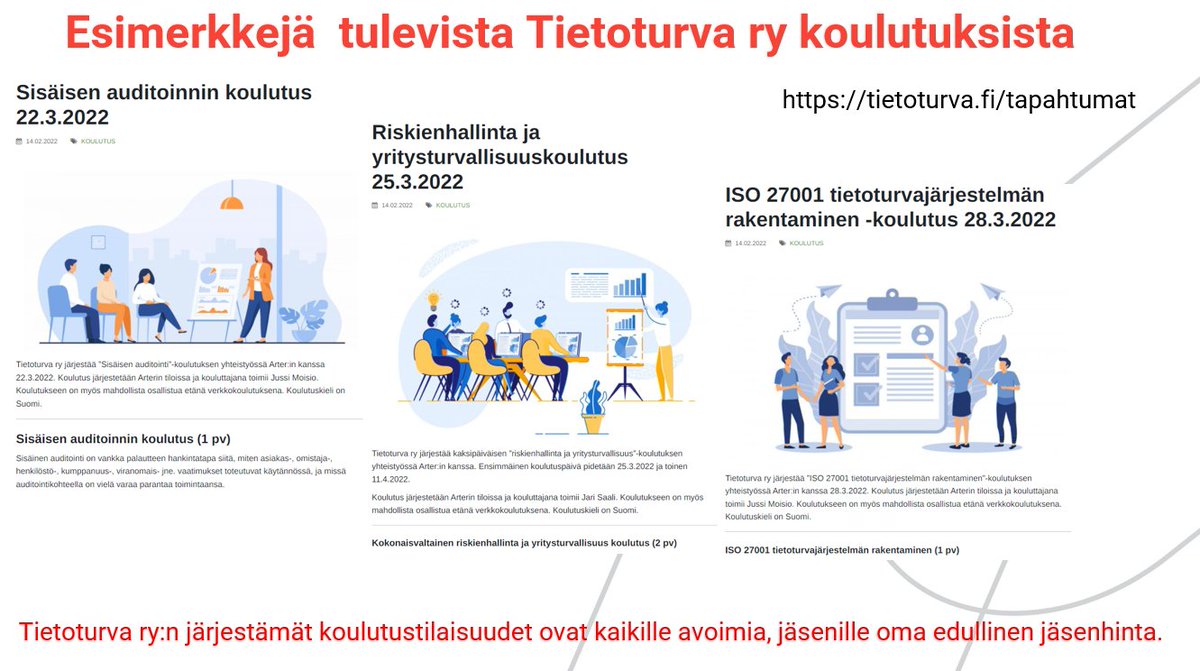 #TTry tapahtumakalenterista nyt maaliskuussa: 

#ISO27001 #Auditointi #Riskienhallinja #Yritysturvallisuus #SisäinenTarkastus

tietoturva.fi/tapahtumat

Yhteistyössä @ArterOy kanssa, kaikki tervetulleita.

Jäsenhinta myös <a href="/IIAFinland/">Sisäiset tarkastajat</a> , <a href="/OWASPHelsinki/">OWASP Helsinki</a> &amp; <a href="/ISACAFinland/">Isaca Finland Chapter</a> jäsenille!