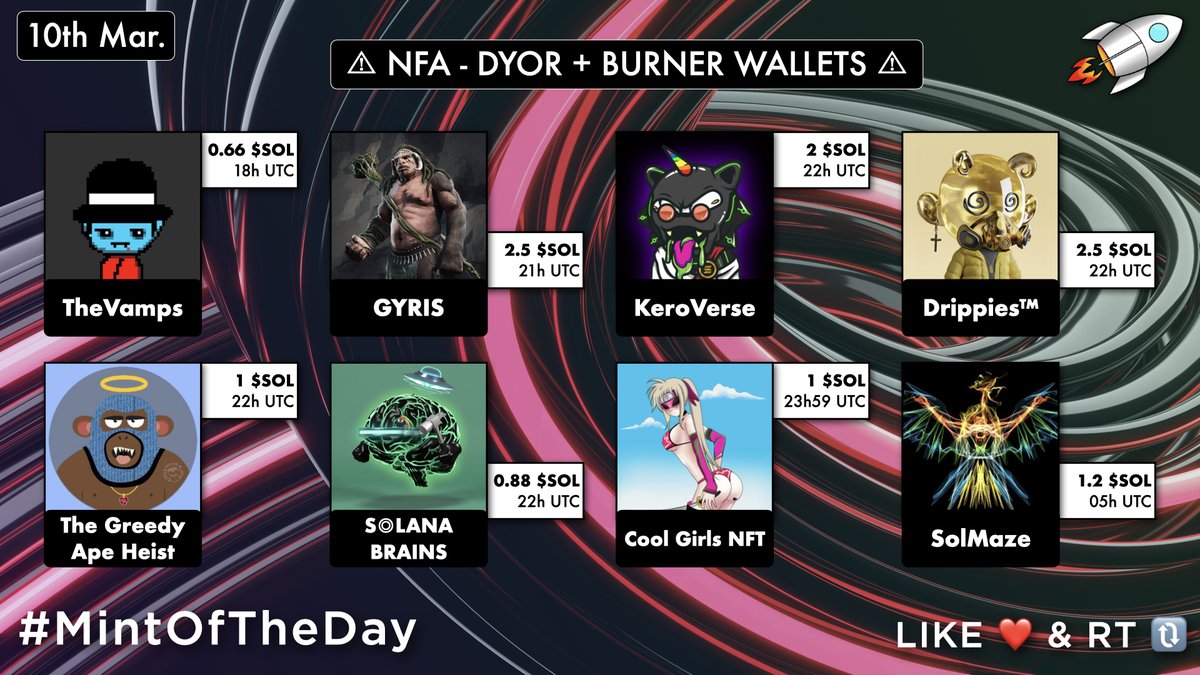 🔥 Today's #SolanaNFTs Mints 🔥

18UTC・@TheVamps_NFT・0.66 SOL
21UTC・<a href="/Gyris_official/">GYRIS</a>・2.5 SOL
22UTC・<a href="/KeroverseNFT/">Keroverse NFT</a>・2 SOL
22UTC・<a href="/drippieverse/">Drippies™ 💧</a>・2.5 SOL
22UTC・@greedyapeheist・1 SOL
22UTC・<a href="/SolanaBrains/">SOLANABrain</a>・0.88 SOL
23:59UTC・<a href="/CoolGirlsNFT/">Cool Girls NFT 🆒 Mint LIVE</a>・1 SOL
00UTC・<a href="/solmazenft/">SolMaze</a>・1.2 SOL

#NFTs