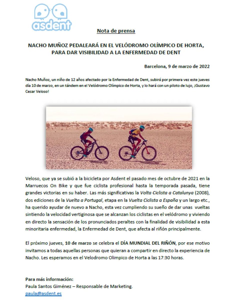 Hoy celebramos el #DíaMundialDelRiñón con Nacho, os esperamos en el VELÓDROMO OLÍMPICO DE HORTA a las 17:30h ⚡

Subirá por primera vez en un tándem en el Velódromo Olímpico de Horta, y lo hará con el gran Gustavo Veloso!

👉🏻 AYUDA A NUESTRA CAUSA:
asdent.es/colabora