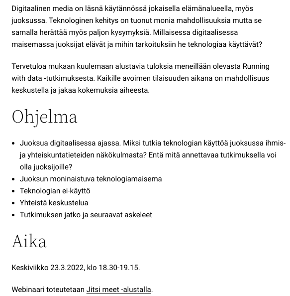 MertalaPekka's tweet photo. Kiinnostaako datan merkitys juoksussa? Toteutimme @LauriPalsa'n kanssa kyselyn aiheesta ja saimme vastauksia valtavan määrän, yli tuhat. Nyt järjestämme avoimen webinaarin alustavista tuloksista (23.3.). Tervetuloa mukaan! #Juoksu #runningwithdata
https://t.co/JvzbqosrC3 https://t.co/P6sMggApz1