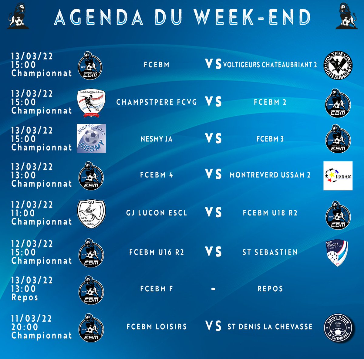 FCEBM_'s tweet photo. 🔵⚫️Voici l'Agenda Du Week-end pour nos équipes du FC Essarts Boulogne Merlatière !

📣📣On vous attend nombreux pour encourager nos équipes !

@LigueFootLFPL   

#FCEBM https://t.co/w4rIhhD2Nq