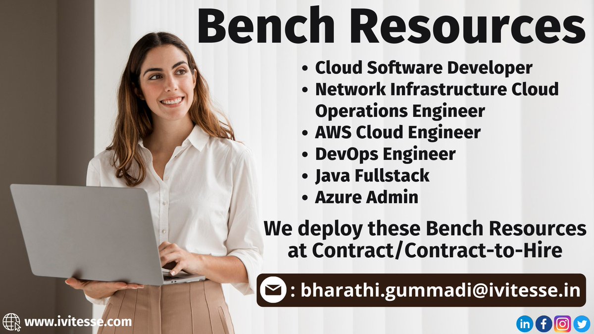 ivitessetech's tweet image. 👉We Deploy these Bench Resources on Contract/ Contract-to-Hire

📲Drop E-Mail: 📩 info@ivitesse.com

#benchresources #cloudsoftwaredeveloper #networkinfrastructure #awscloudengineer #devopsengineer #javafullstack #azureadmin #contracttohire #mail #ivitesse #ivitessetechnologies