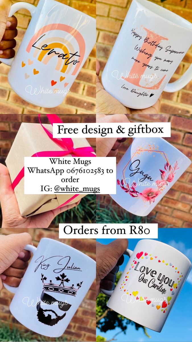 MugsWhite's tweet photo. Personalized  mugs 

R80 white mugs 
R95 jumbo mugs 
R90 magic mug (changing color when heated) 
R100 mason jar 

Free Giftwrap &amp; design 

Contact https://t.co/bg7A3440le to order 

See https://t.co/TVY3enr4m0 

Delivered in 1-3days 

#BBMzansi  #Themba https://t.co/430X2G93bY