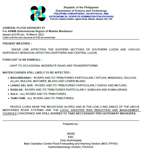 dost_pagasa's tweet photo. General Flood Advisories (GFAs) 
Issued @ 6PM, 10 March 2022
Region 10 (Northern Mindanao) - #GFA9
Region 13 (CARAGA) - #GFA12
BARMM - #GFA7 https://t.co/Mzlea1wdq4