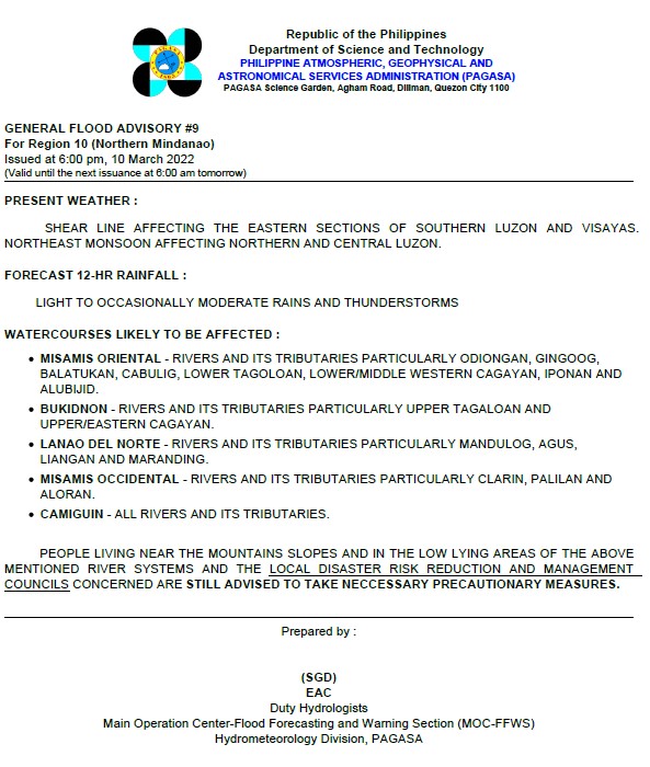 dost_pagasa's tweet photo. General Flood Advisories (GFAs) 
Issued @ 6PM, 10 March 2022
Region 10 (Northern Mindanao) - #GFA9
Region 13 (CARAGA) - #GFA12
BARMM - #GFA7 https://t.co/Mzlea1wdq4