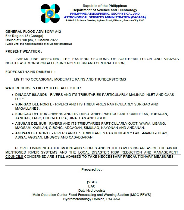 dost_pagasa's tweet photo. General Flood Advisories (GFAs) 
Issued @ 6PM, 10 March 2022
Region 10 (Northern Mindanao) - #GFA9
Region 13 (CARAGA) - #GFA12
BARMM - #GFA7 https://t.co/Mzlea1wdq4