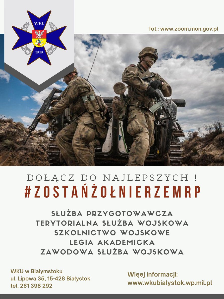 PUP_Bstok's tweet photo. Zostań Żołnierzem RP
W dniach 24-25.03.2022 r. w Wojskowym Centrum Rekrutacji w Białymstoku odbędzie się postępowanie rekrutacyjne ochotników do czynnej służby wojskowej.

Więcej informacji: https://t.co/q06wTnwEvp https://t.co/PLZxEEaqwQ