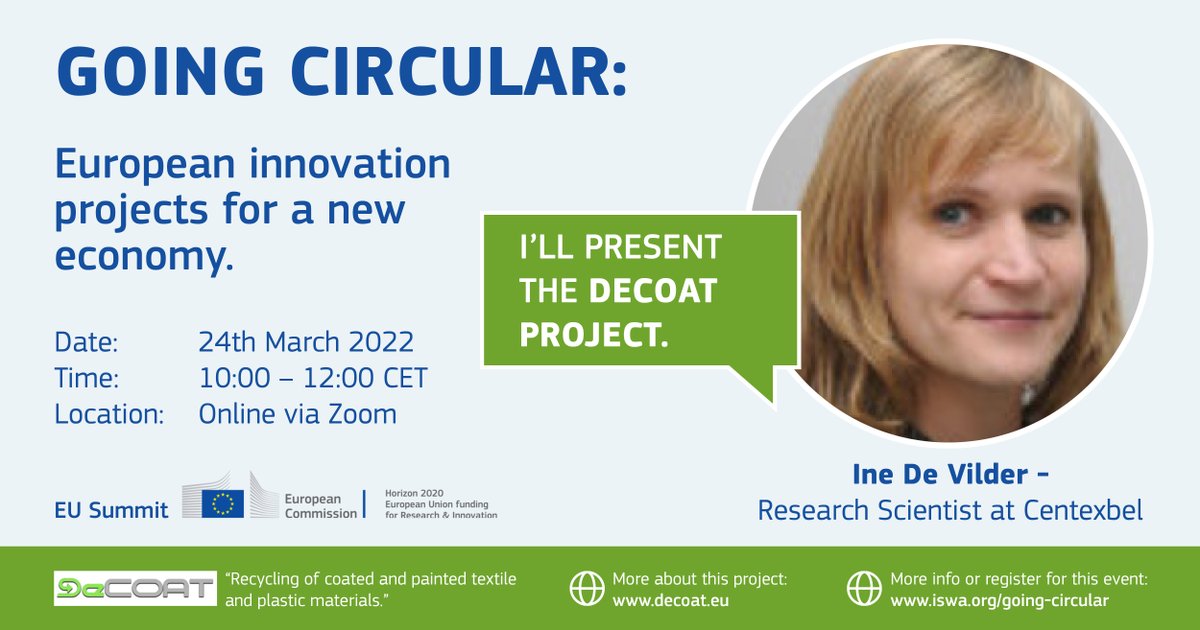 DECOAT joins the EU Summit: Going Circular!
📅 24th March 2022
🕐 10.00 CET

Join us to celebrate the ongoing efforts of eight #EUprojects - registration is free and open to all!

Sign up here: iswa.org/going-circular/

#EUProjects #EUSummit #GoingCircular