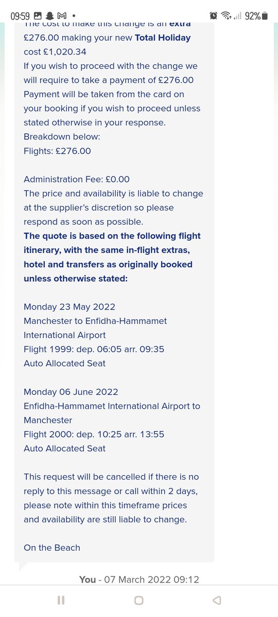Auralay21's tweet photo. @OntheBeachUK the service I have received trying to amend my holiday since the 29th Jan is absolutely appalling!!I had 2 days to respond to my new quote before it expired, I responded directly to your amendment team immediately, no reply!! I chased, no reply. No further forward!! https://t.co/Nmjcr09b73