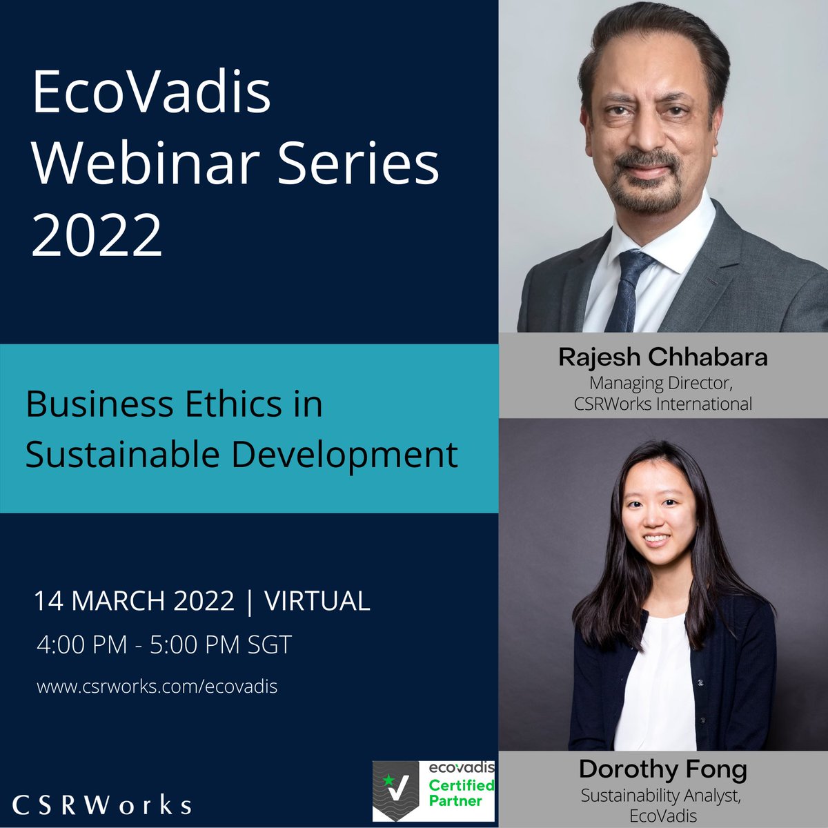 ecovadis's tweet photo. On Mar 14, Sustainability Analyst Dorothy Fong will join the first @CSRWorks_ webinar of the year to discuss the role governance and ethics play in #sustainabledevelopment, measures to combat #corruption, #anticompetition, and #datasecurity. Sign up: https://t.co/FCPLr14JyZ https://t.co/8IdOVvPTGr