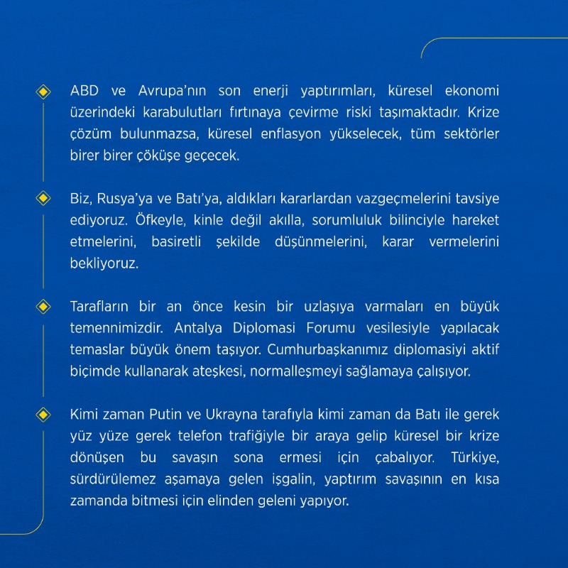 ali_ihsanarslan's tweet photo. Türkiye, Ukrayna’da savaşın sona ermesi için elinden geleni yapıyor. @AntalyaDF’daki buluşma tüm dünyanın ilgi odağı olmuştur. Cumhurbaşkanımızın görüşme trafiği sürüyor. Savaş ve yaptırımların herkesi etkilediği bu süreci en hafif zararla atlatmak için gereken önlemleri alıyoruz