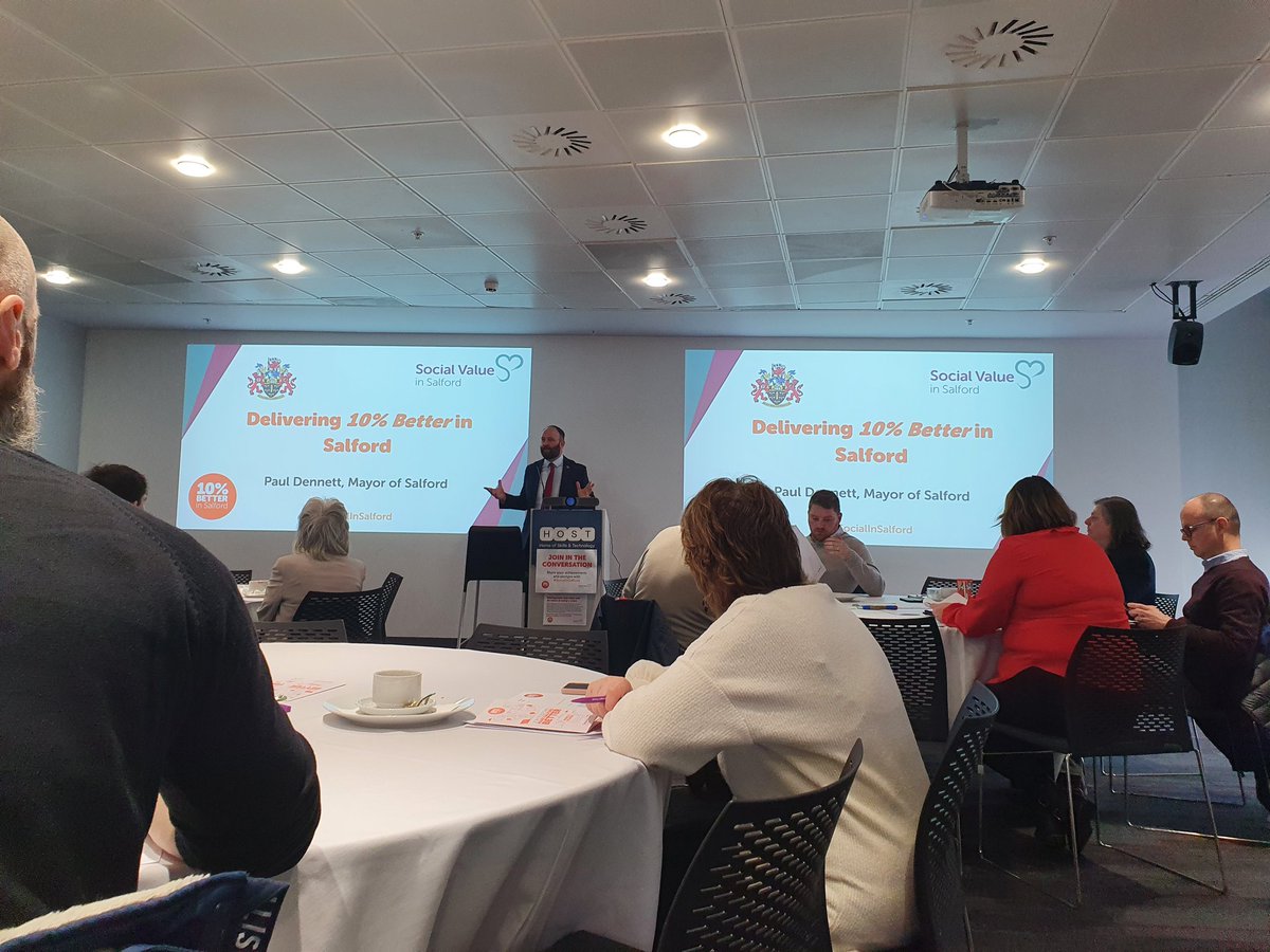 mediacity_ssvn's tweet photo. Salford City Mayor, Paul Dennett, talking about why Social Value matters in Salford 👏

"The great 8 strategy is our commitment to delivering Social Value in Salford. The City Council will continue to do all it can to get more people into sustainable jobs"

#socialinsalford https://t.co/P7yoGVdGVq