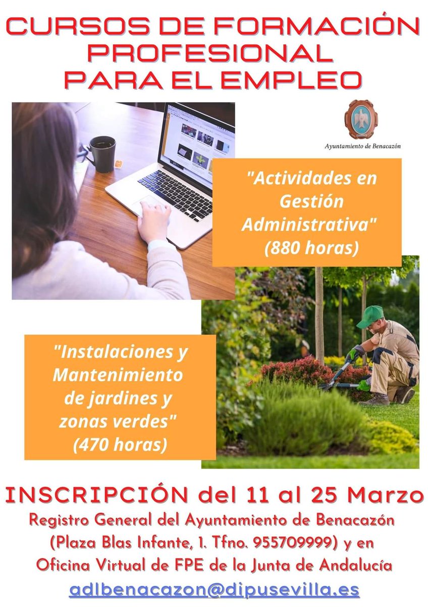 Aljarafe_Donana's tweet photo. #Formación | Desde el Área de Desarrollo Local del Ayuntamiento de #Benacazón nos informan de la apertura de plazos de inscripción a varios cursos de 𝗙𝗼𝗿𝗺𝗮𝗰𝗶𝗼́𝗻 𝗣𝗿𝗼𝗳𝗲𝘀𝗶𝗼𝗻𝗮𝗹 𝗽𝗮𝗿𝗮 𝗲𝗹 𝗘𝗺𝗽𝗹𝗲𝗼 👇

ℹ️ 955709999 / adlbenacazon@dipusevilla.es https://t.co/XWCI4oPbfA
