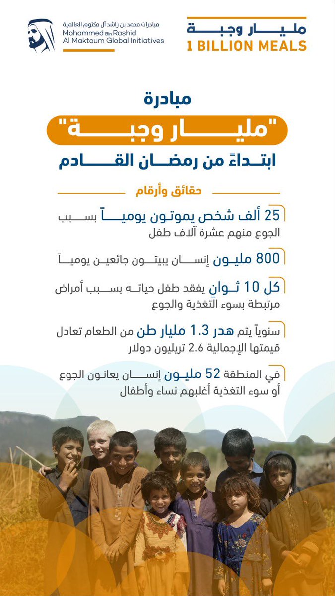 هدفنا من الحملة إيصال مليار وجبة .. وايصال مليار رسالة انسانية من دولة الإمارات للعالم .. خير الصدقة إطعام الطعام … وخير الشعوب التي تفكر بغيرها .. وبلادنا محفوظة بالخير الذي نقدمه للمحتاجين .. موعدنا ١ رمضان بإذن الله ونسأل الله أن يتقبل منا ومنكم صالح الأعمال ..