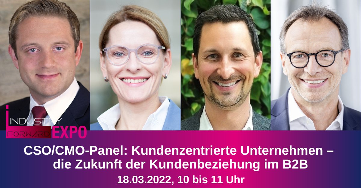Im #CSO #CMO #Panel am 18.03.22 auf der #industryforwardexpo geht es um #Kundenzentrierung und wie sich Unternehmen nachhaltig im #B2B auf den Kunden ausrichten. Mit dabei sind <a href="/conradgermany/">Conrad Electronic</a>, <a href="/SEWEURODRIVE/">SEW-EURODRIVE</a>, @lapp_deu und @WAGOKontakttech.

Anmeldung hier:
industry-forward-expo.industr.com/yoP1m?RefId=T