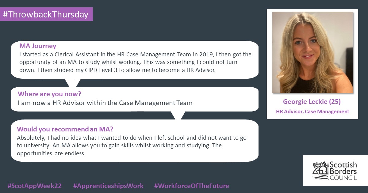 scotborders's tweet image. Georgia also joined our HR Case Management team and completed her MA. She is now loving her full time position within the team. Keep up the good work Georgia👏 #ScotAppWeek22 #ApprenticeshipsWork #WorkforceOfTheFuture #ThrowbackThursday #TBT