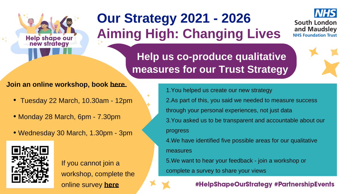 MaudsleyNHS's tweet photo. Want to #HelpShapeOurStrategy? Book one of three online workshops to join discussions that will help us co-produce qualitative measures for our Trust Strategy. 

Book here ➡️ https://t.co/CJZI1X9r3P

Read our Trust Strategy: https://t.co/ZA06r3vMJe
@KingsIoPPN @cosouthwark https://t.co/dQvi03ma2H